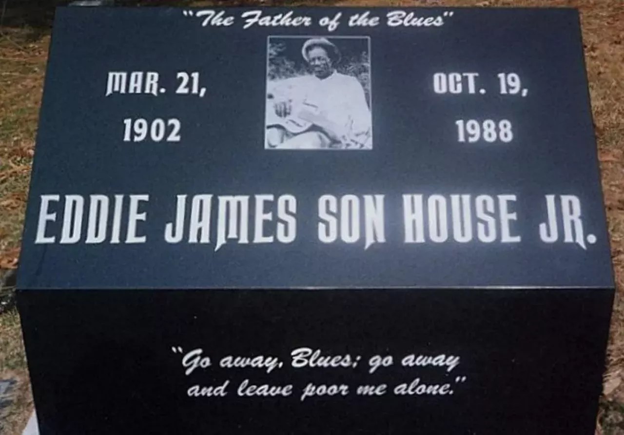 Son House’s Grave Mount Hazel Cemetery, Lahser between Pickford and Clarita streets, Detroit Eddie James “Son” House Jr. was born in 1902 in Lyon, Miss. When he embraced blues music at the age of 25, he was on his way to becoming one of the greatest Delta Blues musicians. He even inspired the likes of seminal bluesman Robert Johnson. House moved to Detroit late in life, in 1974, and died here of cancer in 1988. His body was buried in Mount Hazel Cemetery without a pretentious marker for many years — at least until the Detroit Blues Society helped raise money for a proper, imposing monument for this blues giant.