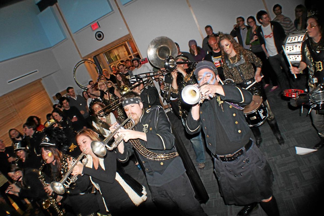 Detroit Party Marching Band
Baker Streetcar Bar (Saturday, 12:45 a.m.) 
It’s joyous, it’s raucous, it’s celebratory, it’s chaotic: Anything can and will happen during an eruptive performance by the Detroit Party Marching Band, as they revel in the element of surprise as they smash together a lil’ bit of Sousa with a lotta street band punk energy.