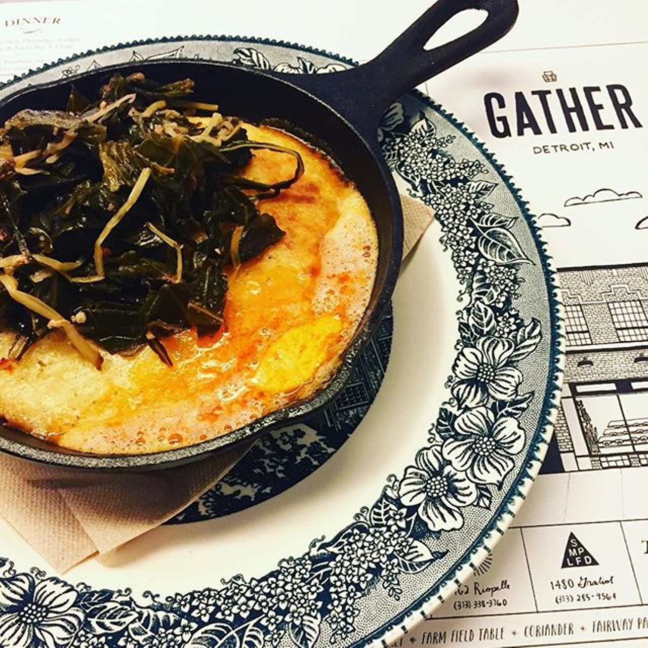 Must try: Corn bread with first frost braised greens, sweet corn, and confit tomato butter.
