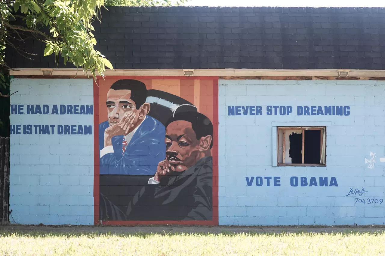 Or more to the point, here is a Detroit mural depicting Obama and MLK Jr. that Vergara shot in 2015. Vergara says it was painted by Lee Walker, aka "Bird." The work appears on Hamburg Street at East Seven Mile Road.