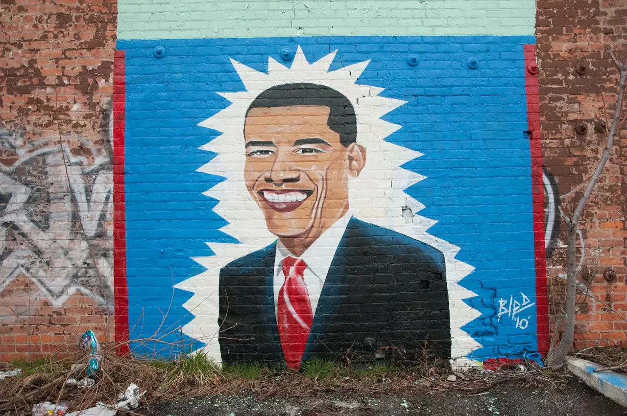 Vergara notes that " Obama is frequently depicted as a powerful man of action," For example, look at this mural of the president that appeared in 2010 on Gratiot Avenue near the Fisher Freeway. The artist, known as "Bird," surrounded Obama with a white burst that suggests an electric magnetism.