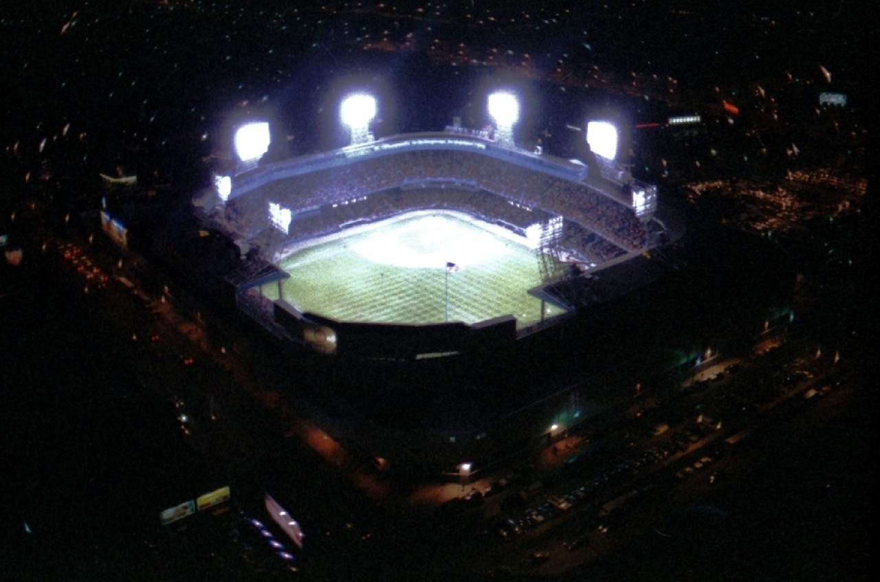 Tiger Stadium lit up for a night game in the 1980s.