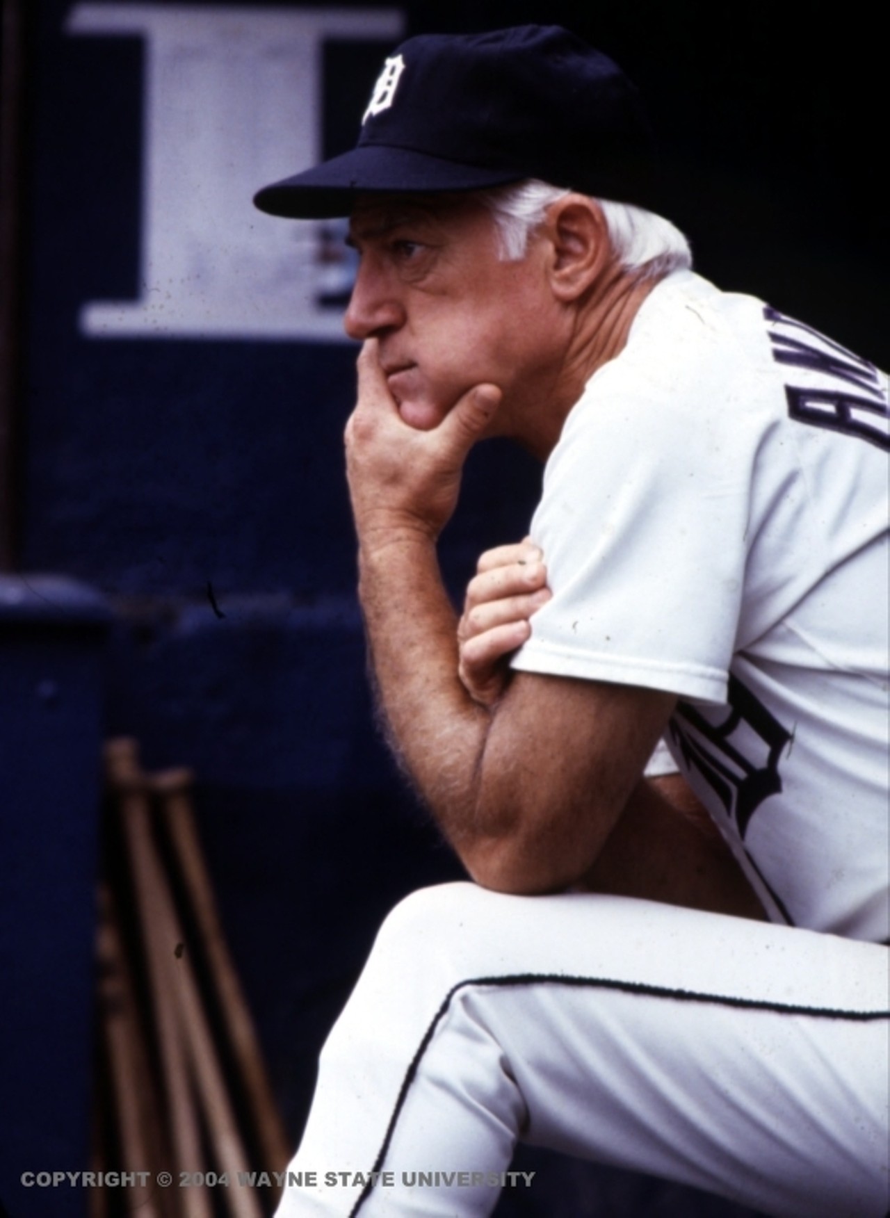 Sparky Anderson watching the action from the dugout.