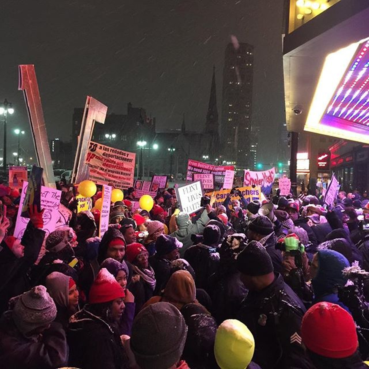 Demonstrators from local and national movements took to the streets as the national spotlight turned to Detroit for the last GOP debate before Michigan&#146;s primary elections.
Photo via Instagram user @SpencerWhite_0