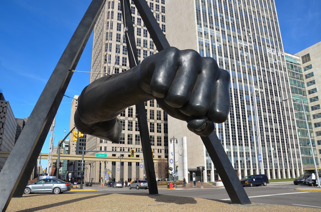 If you're looking for a gut punch: Monument to Joe Louis 
5 Woodward Ave., Detroit; located in Hart Plaza. 
Don't go a full nine rounds. Hit 'em with a figurative T.K.O. at The Fist, which, for the novice, is literally a 24-foot-long fist in the middle of downtown Detroit. 
Photo via Susan Montgomery / Shutterstock