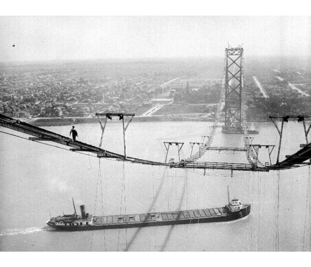 A view of a freighter from the Ambassador Bridge in 1937.