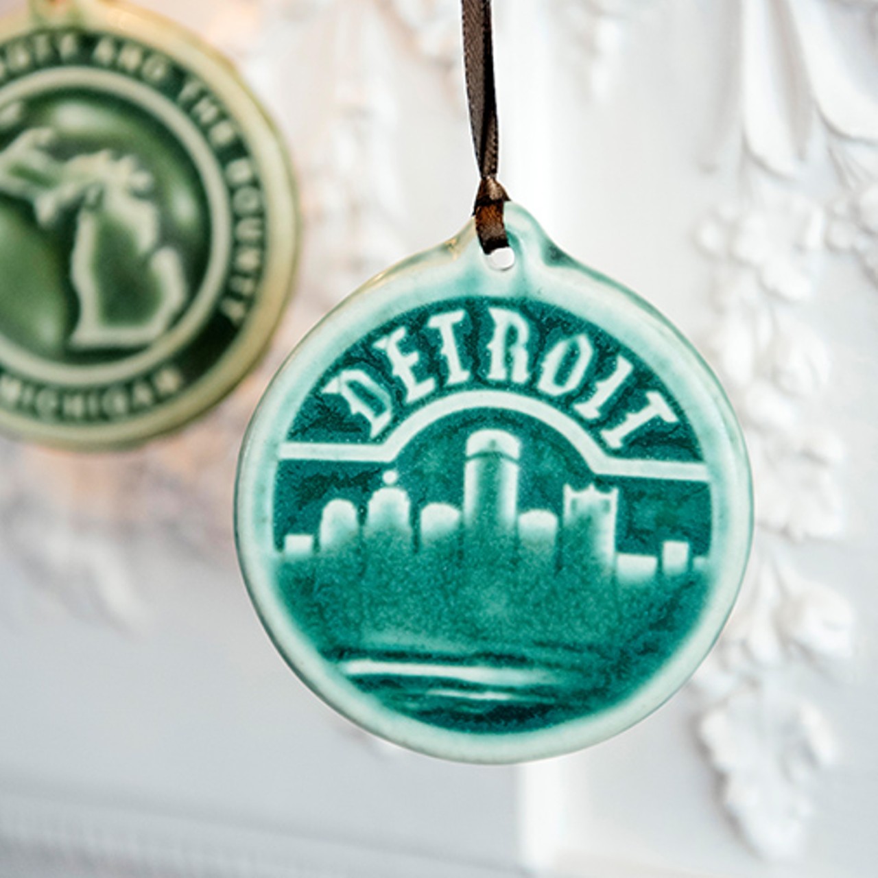Detroit-inspired green ornament.