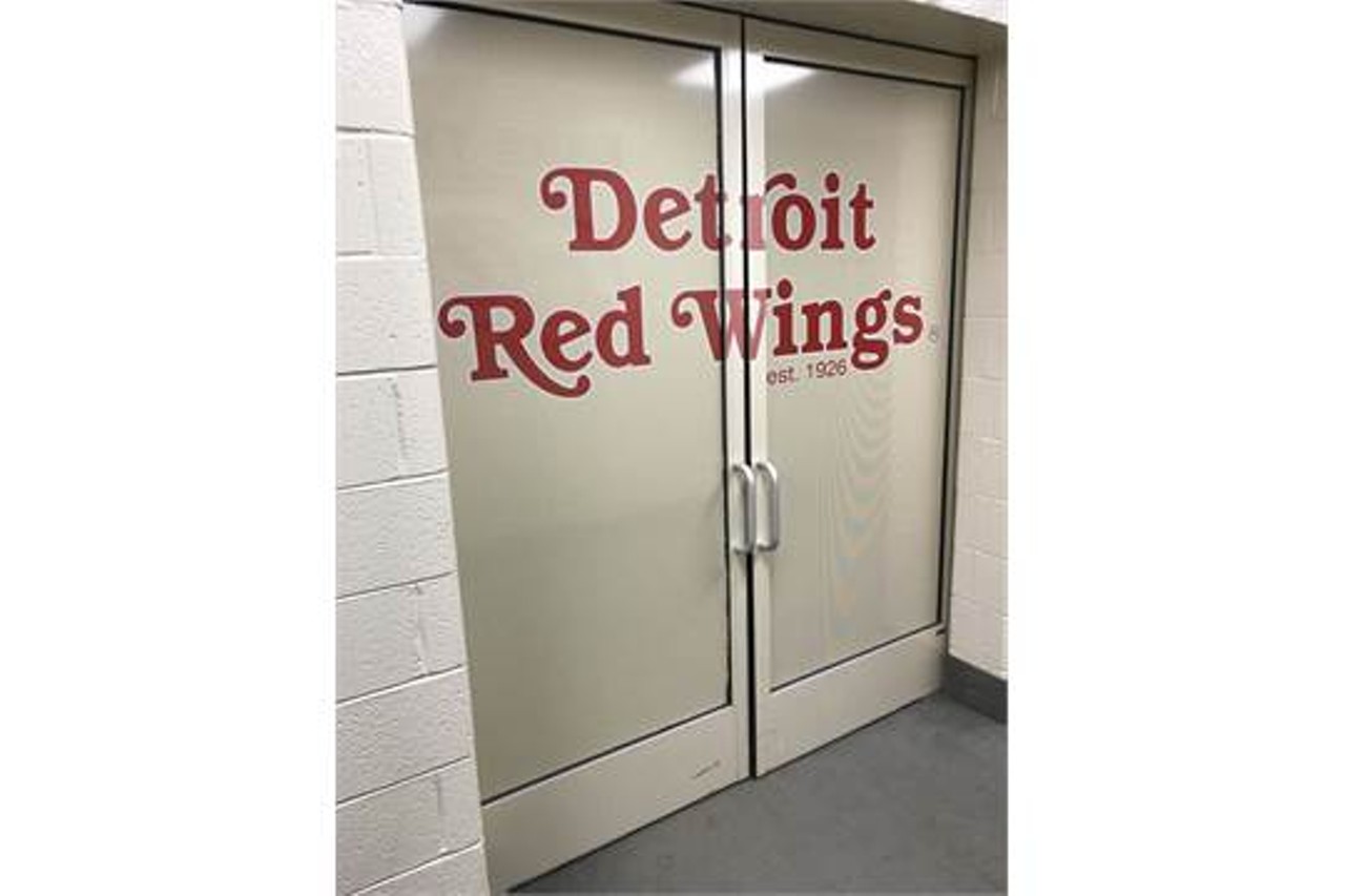 Doors to Detroit Red Wings player bathroom, sauna, and showers.
