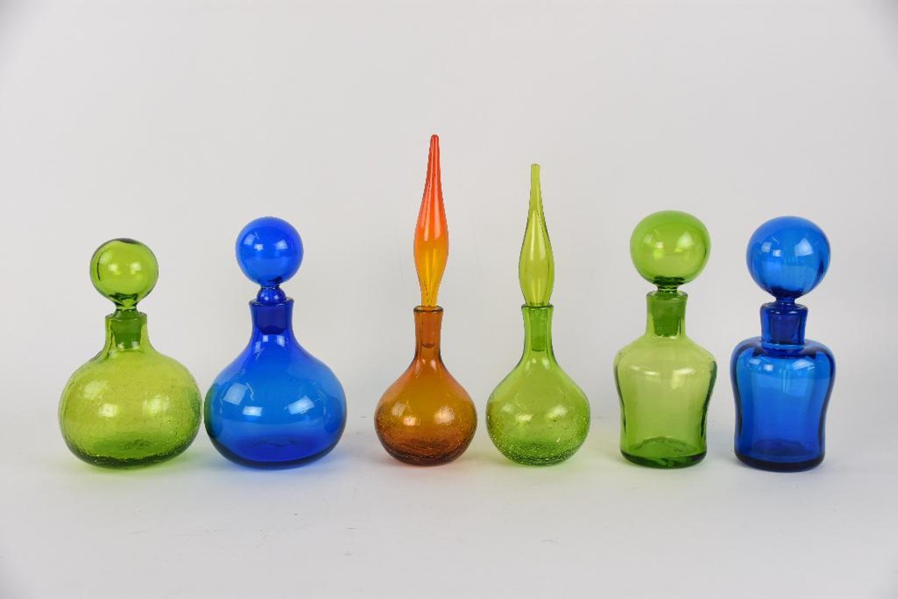 Six Blenko glass decanters, various models