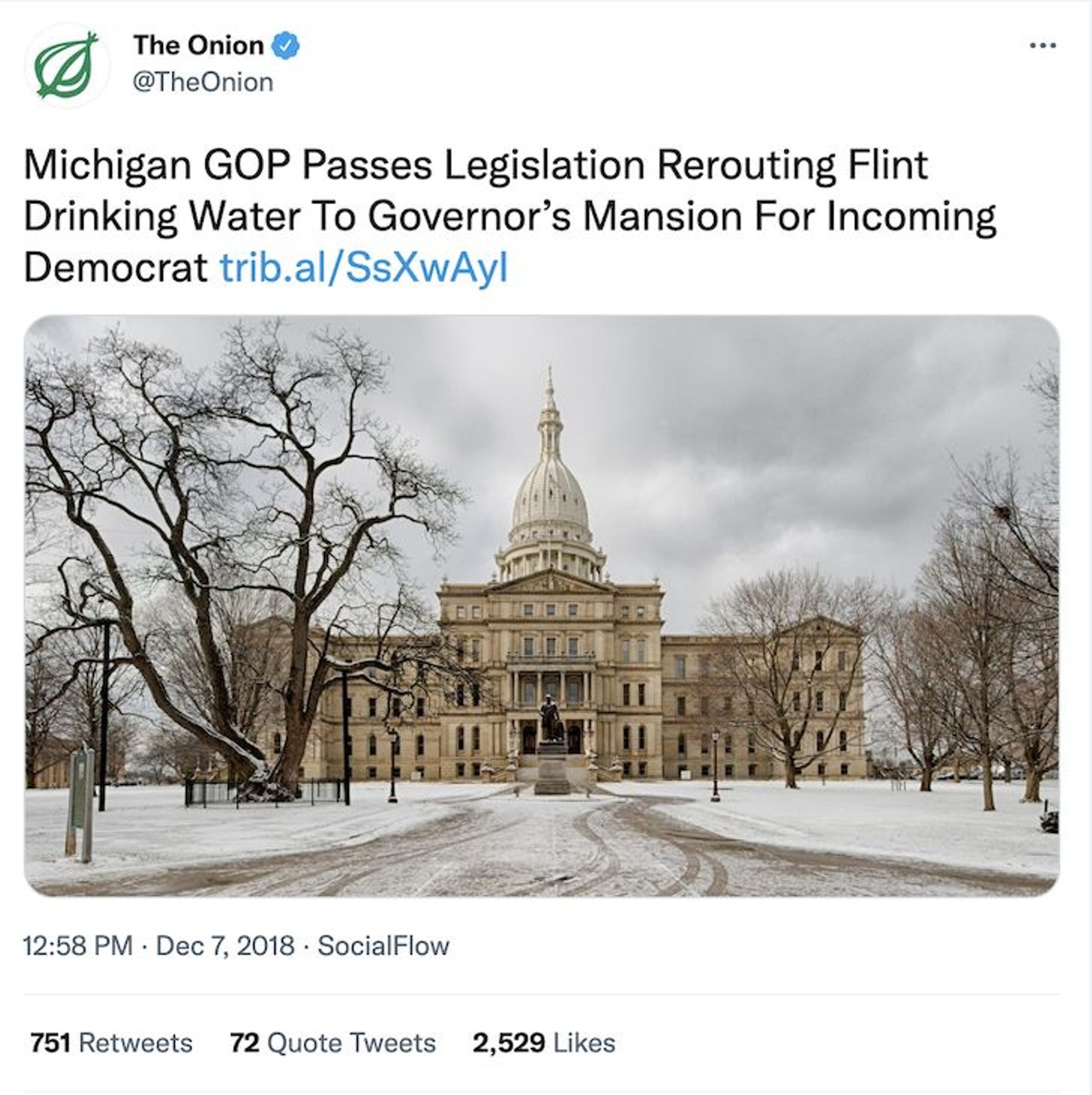 Michigan GOP Passes Legislation Rerouting Flint Drinking Water To Governor&#146;s Mansion For Incoming Democrat
Following the election of Democrat Gretchen Whitmer as Michigan governor, Michigan&#146;s GOP passes legislation to reroute water from the Flint water crisis to the Governor's house.