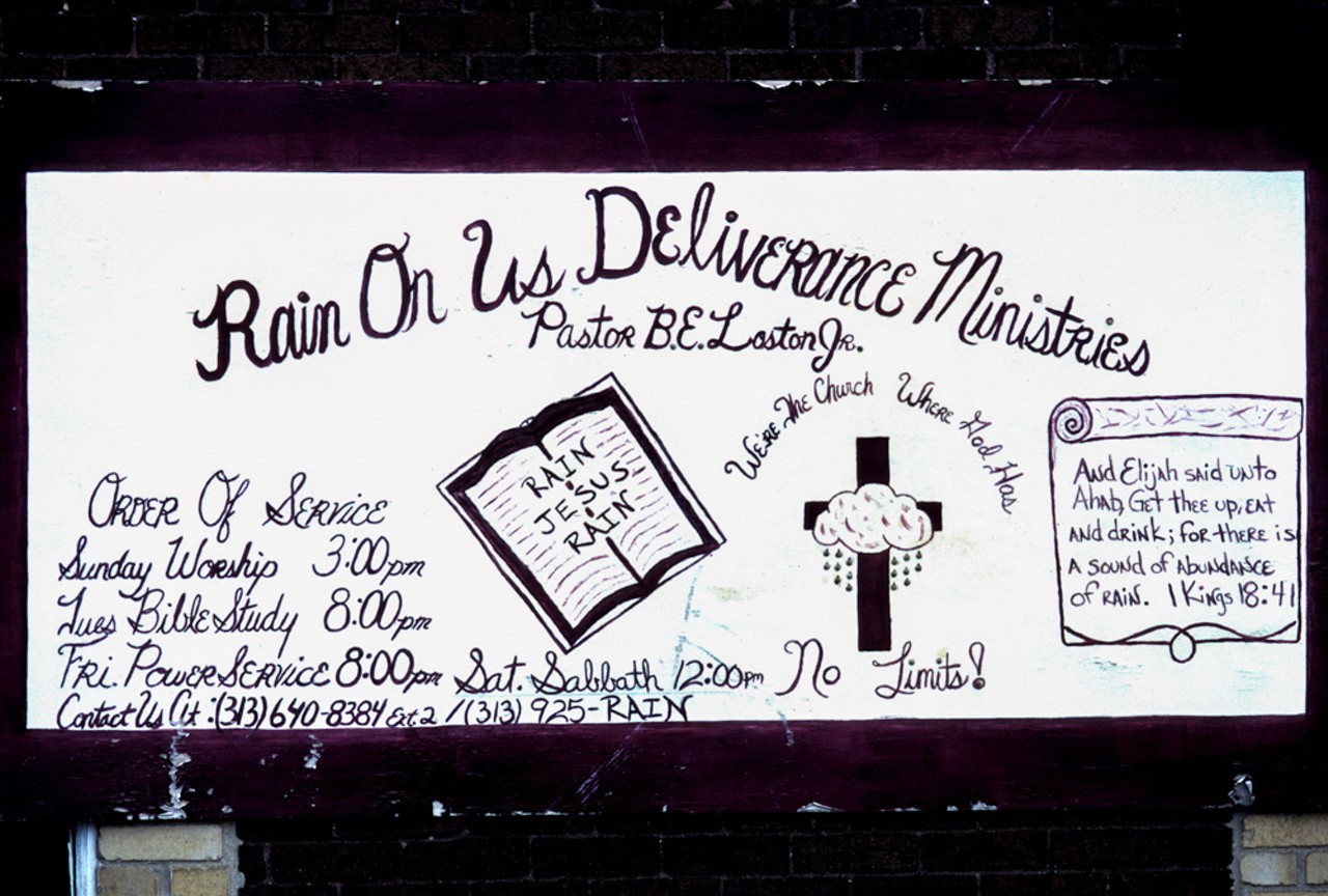 Rain On Us Deliverance Ministries, We're The Church Where God Has No Limits! This church was still operating in 2013. Its name had changed to Prophetic Ministries but the minister's name remained the same. 4256 Mitchell Street, Detroit, 2003.
