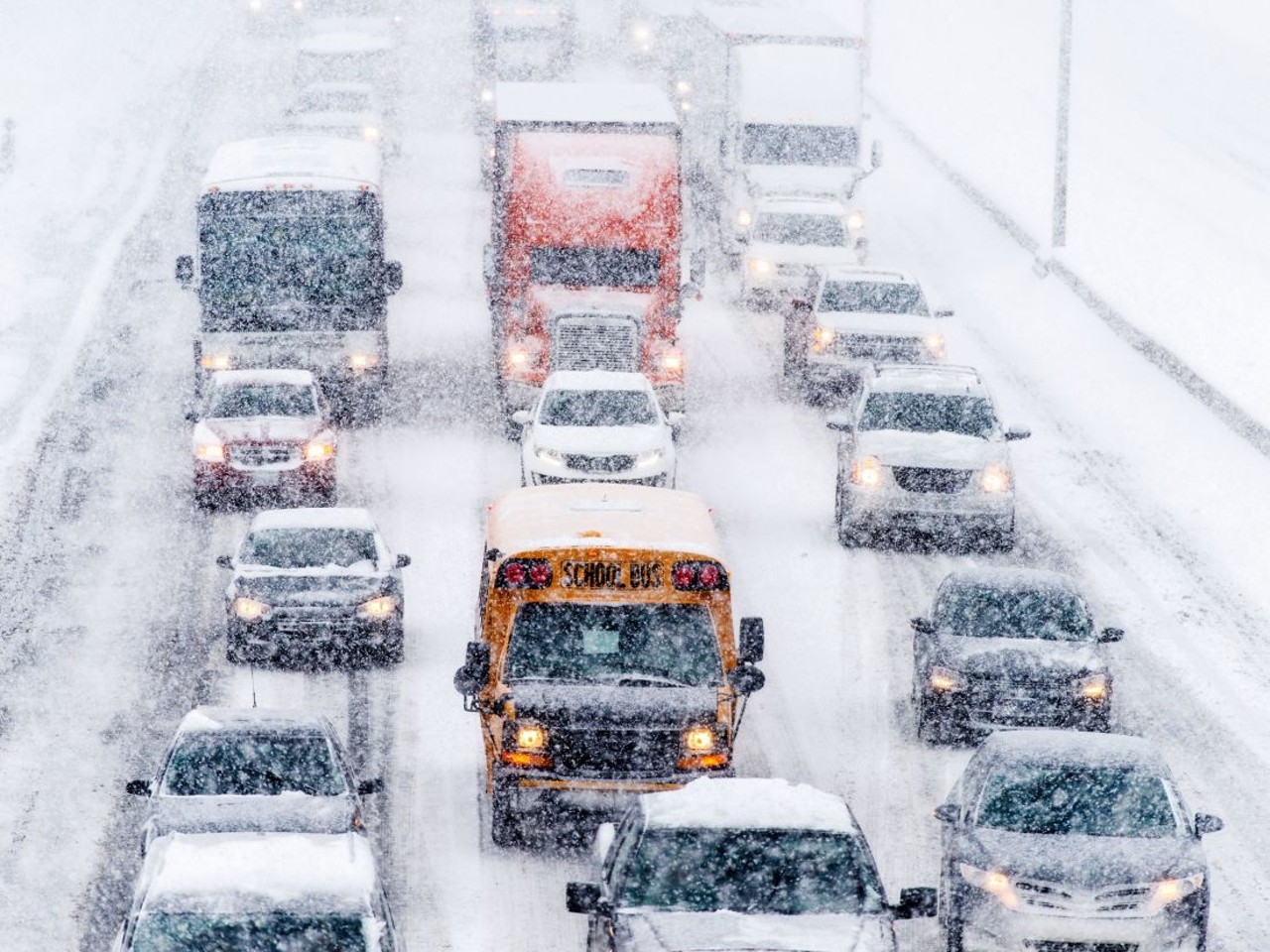  30 minute commutes become 3-hour commutes every. Single. Time. It. Snows.  
Between rush hour, black ice, accidents, and that a-hole who didn't brush the snow off the roof of his car, commutes quickly become a never-ending purgatory every time it snows. 
Photo via  Wired