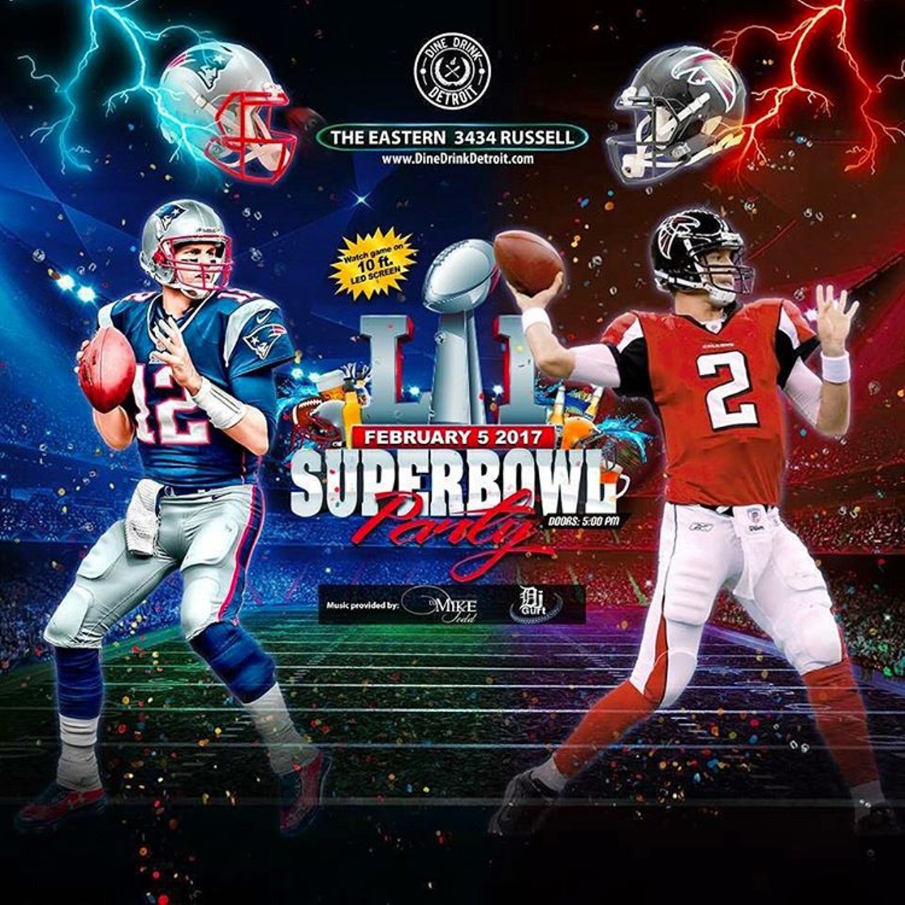 The Eastern -
Detroit's biggest Super Bowl party returns to Eastern Market. Watch the game on a 10-foot LED screen with a full bar, DJs, photo booth, and halftime buffet. Doors open at 5 p.m., and the party continues after the game.
3434 Russell St., Detroit; 313-574-4202; dinedrinkdetroit.com; Photo