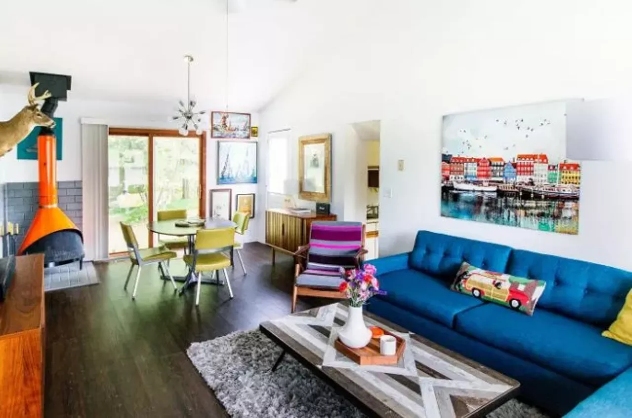 Mid Century Meets Rustic Charm (Saugatuck) 8 guests, 3 bedrooms, 1.5 baths $150 per night&nbsp; This exquisitely decorated mid-century modern home has a wood-burning fireplace, a deck with a grill, and a retro fire pit.&nbsp; Photo via Airbnb