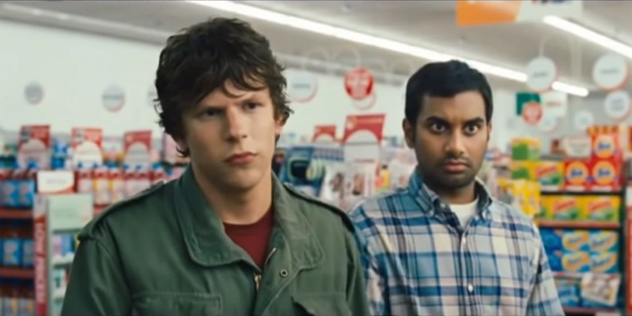 30 Minutes or Less (2011)
Set in Grand Rapids, this flick stars Jesse Eisenberg as a stoner pizza delivery guy who has trouble completing the company&#146;s &#147;30 minutes or less&#148; delivery guarantee. He soon gets involved in a cockamamie scheme in which a couple of crooks strap a remote-controlled bomb to his chest, which they will detonate unless he robs a bank within 10 hours. The bank robbery scene was filmed in the vacant Ludington State Bank building in Ludington.
Photo via Columbia Pictures