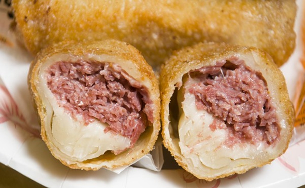 Corned Beef Egg Roll
Asian Corned Beef
Multiple Detroit locations
The corned beef egg roll is exactly what it sounds like: salty, cured deli meat, cheese, and cabbage wrapped in a crispy egg roll, sold for just $3 apiece.
Photo via  Tom Perkins 
