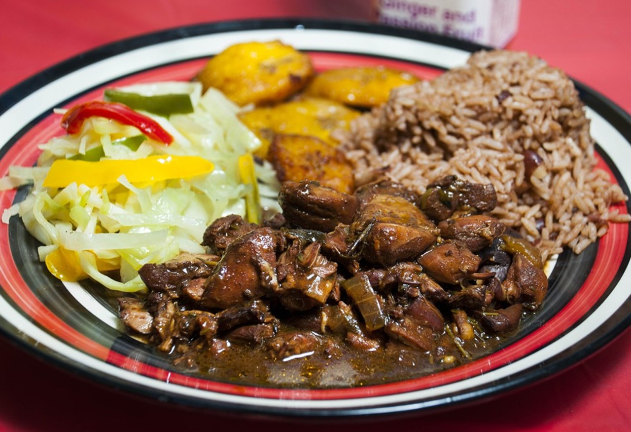 Brown Stew Chicken
Jamaican Pot
14615 Eight Mile Rd., Detroit
Detroit's small Jamaican food community doesn't get quite the attention that it should. If you've never sampled curry goat or jerk chicken, a good place to start is the Jamaican Pot, a small carryout spot on Eight Mile Road near Greenfield Road. But chef Mama Rose's best plate is her brown stew chicken, which is a full and flavorful mix of tender chicken, garlic, scallion, thyme, onion, browning, and other seasonings.
Photo via   Tom Perkins 
