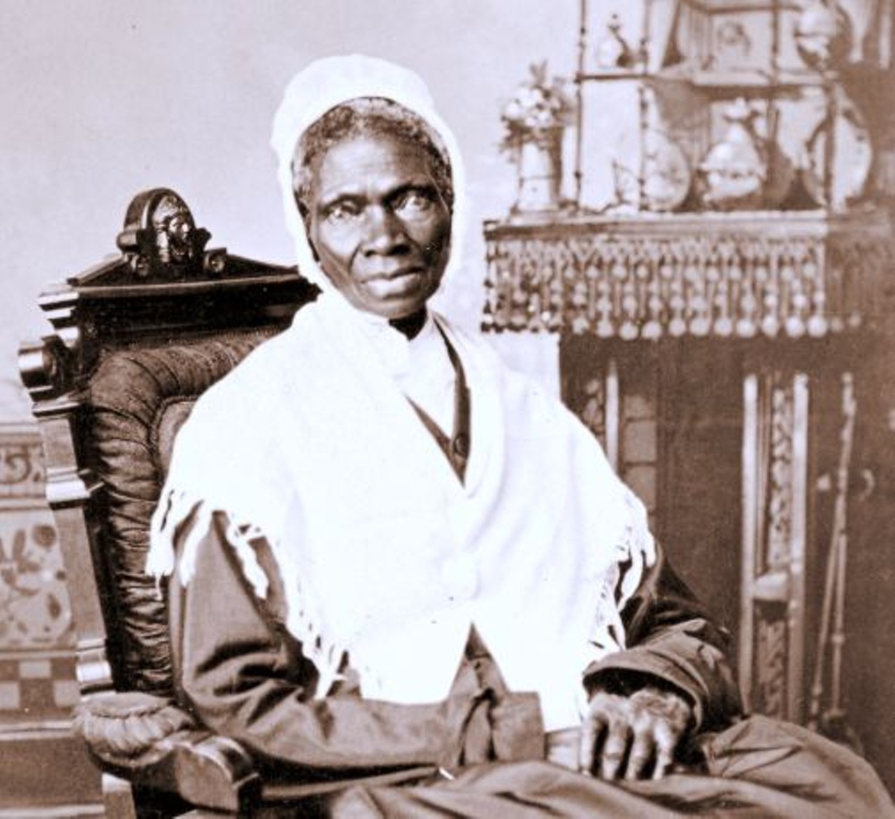 Sojourner Truth
Born into slavery in Swartekill, New York in 1797, Truth escaped to freedom in the late 1820s. After meeting Frederick Douglass and William Lloyld Garrison in New York City, Truth became an outspoken abolitionist. After the Civil War, she continued to speak on issues including prison reform, women&#146;s rights, and aid for former slaves. Following her death in 1883, she was buried in Oak Hill Cemetery in Battle Creek.
Photo via National Portrait Gallery / Wikimedia Commons