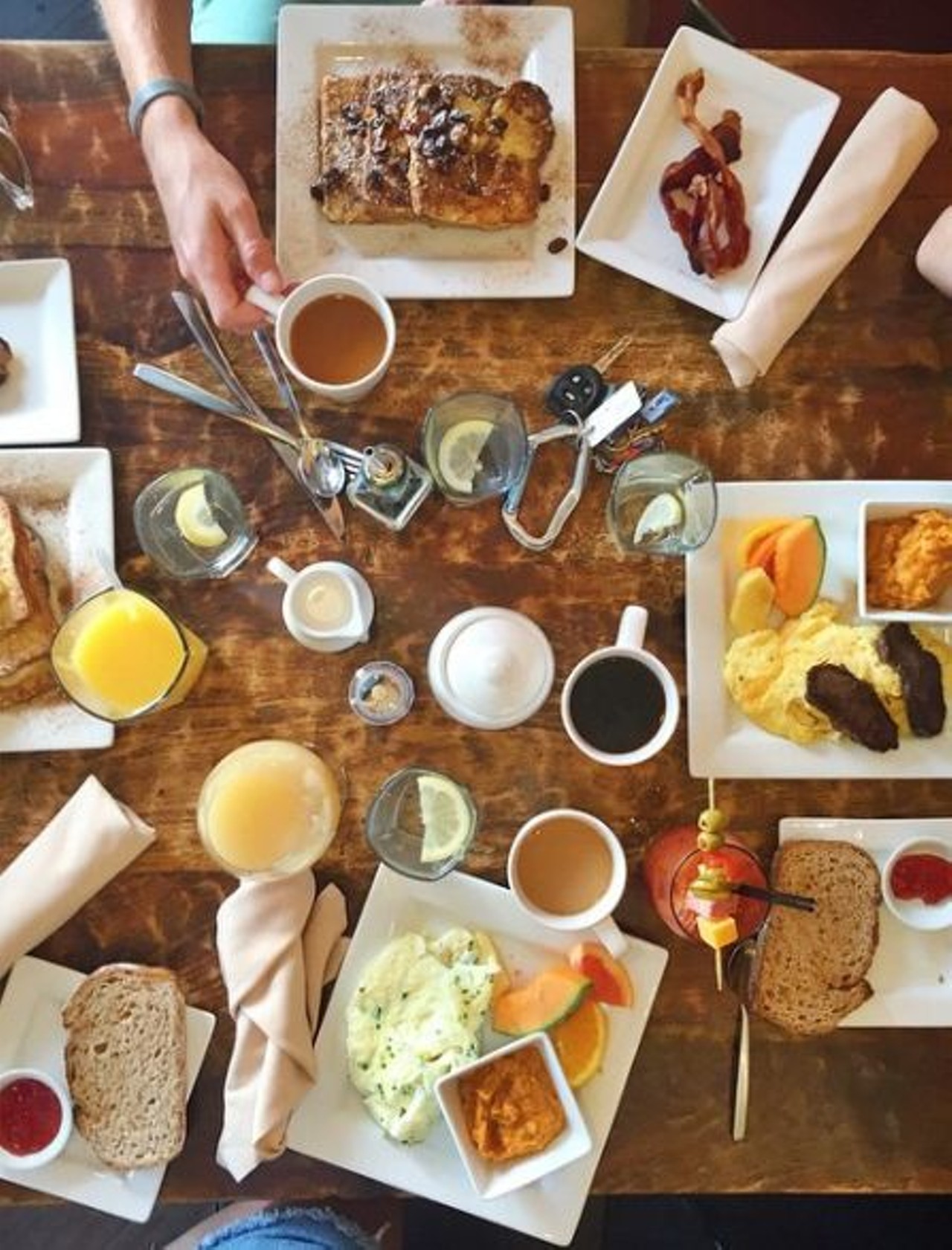 Where you can brunch like royalty: Cafe Muse; 418 S. Washington Ave., Royal Oak; 248-544-4749:  Sometimes a place can be a brunch destination without ever seeming to use the "B" word. The menu is breakfast and lunch, and prevails from 7:30 a.m. to 3 p.m., offering such brunch direct hits as stuffed French toast, vanilla bean waffles, steak and eggs, and mushroom scramble with Boursin and truffle oil. Add specials that change weekly and the potations mixed up at the full bar, and you have the makings of a brunch of champions.
