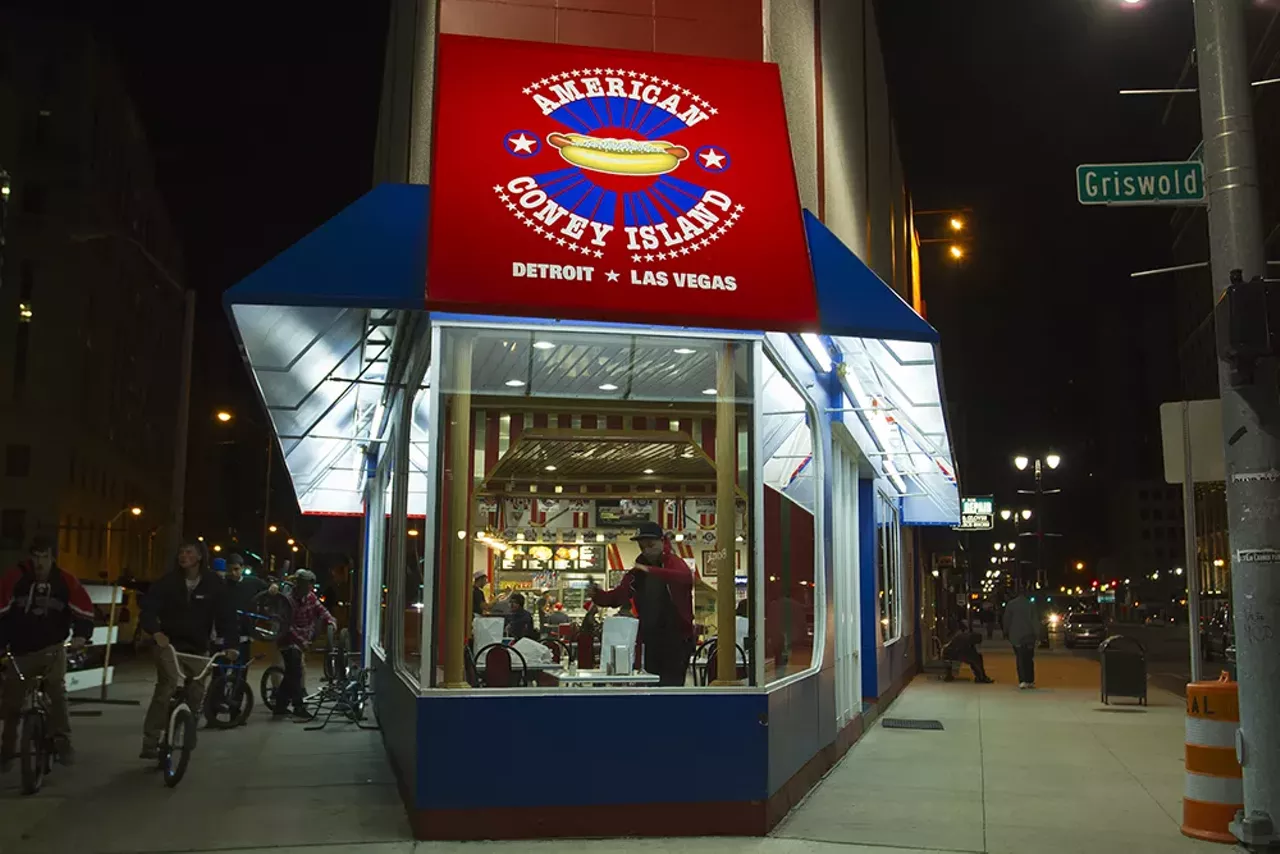 American Coney Island
114 W. Lafayette Blvd., Detroit; 313-961-7758; americanconeyisland.com
Open 24 hours, this long-standing (est. 1917!) spot in a star-spangled flat-iron building serves typical Detroit-style coney island fare like coney dogs, chili cheese fries, gyros, and burgers.