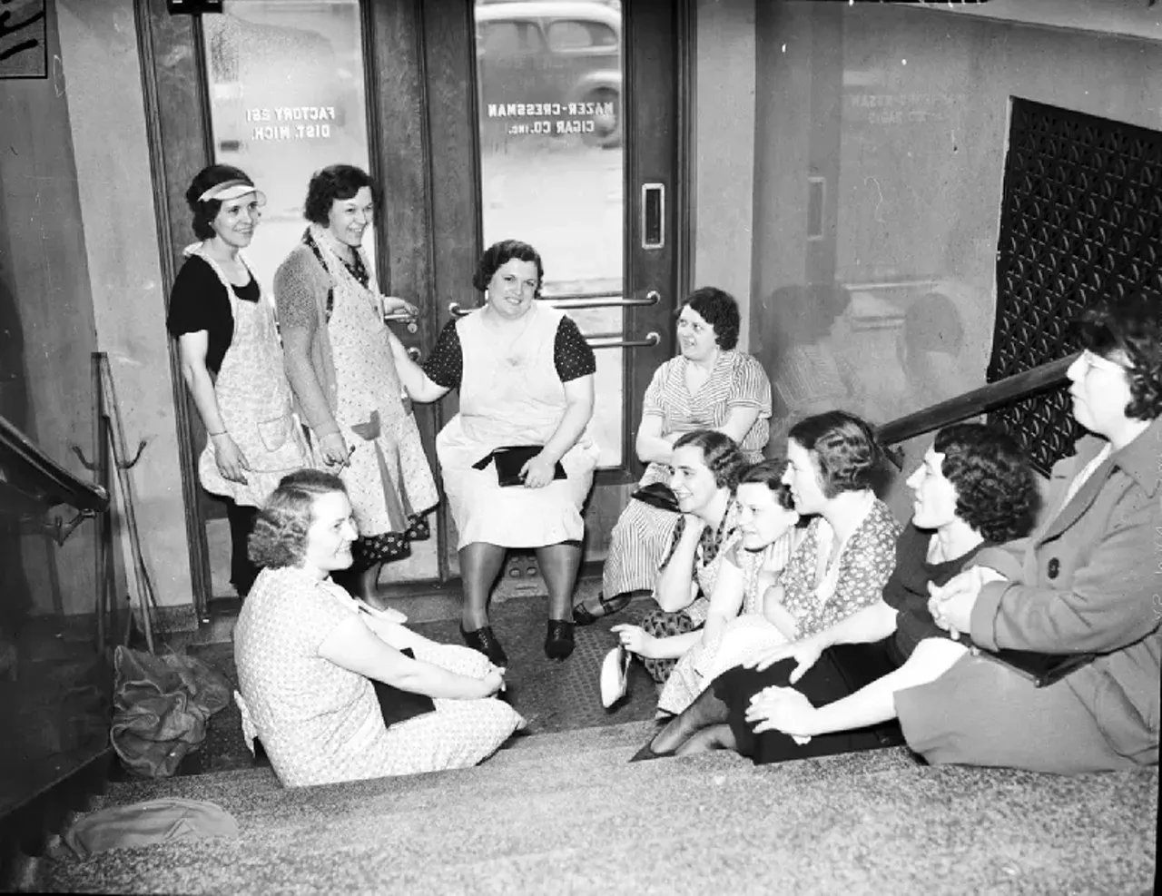 1930s | Female employees participate in sit-down strike against Mazer-Cressman Cigar Company in Detroit, Michigan.
