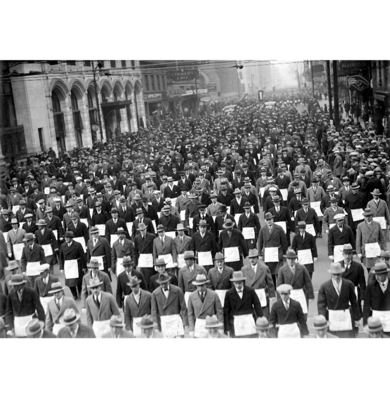 Masons. (1926) Thousands of freemasons wearing aprons gather, marching down Temple Street from Woodward Avenue toward Detroit's new Masonic Temple, for the Temple dedication ceremony on Thanksgiving Day in 1926. All photos courtesy of Walter P. Reuther Library, Archives of Labor and Urban Affairs, Wayne State University