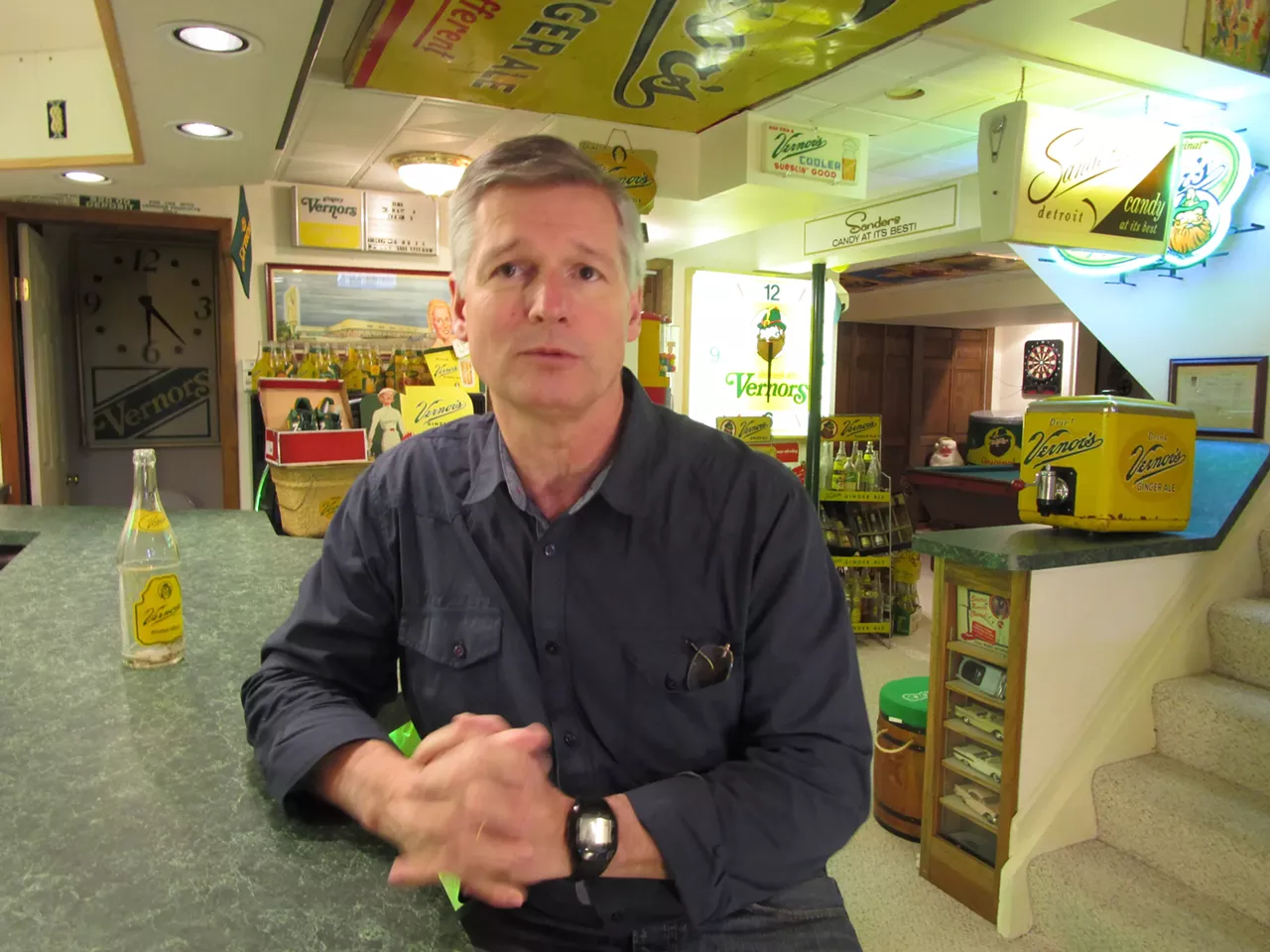 Vernor's collector Keith Wunderlich in his basement den.
