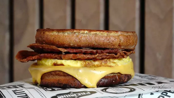 The breakfast sandwiches at A.M. Buzz include bacon, egg, and cheese served on French toast.