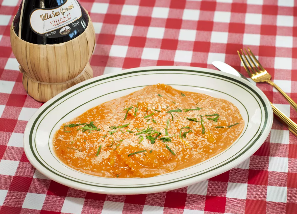 Image: Portobello ravioli with palomino.