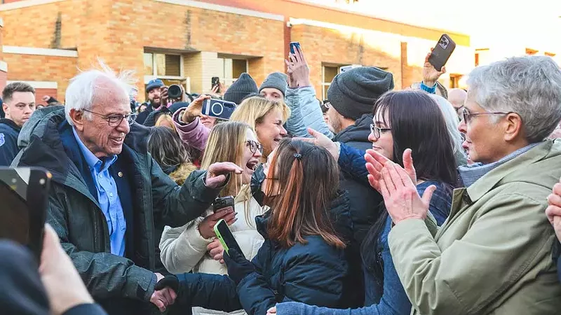 Sen. Bernie Sanders addresses supporters outside Lincoln High School in Warren.