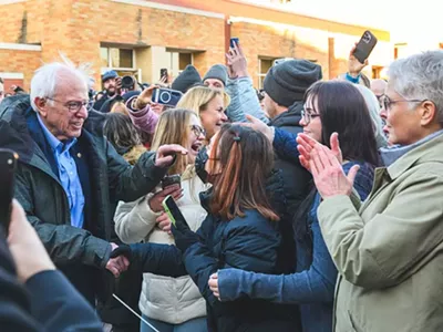 Sen. Bernie Sanders addresses supporters outside Lincoln High School in Warren.