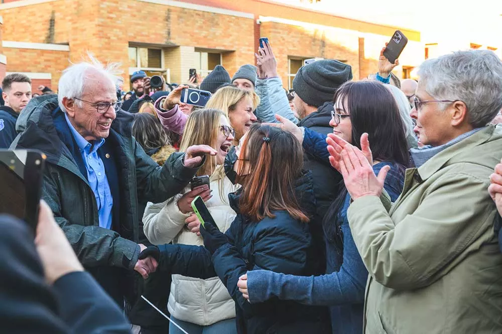 Sen. Bernie Sanders addresses supporters outside Lincoln High School in Warren.