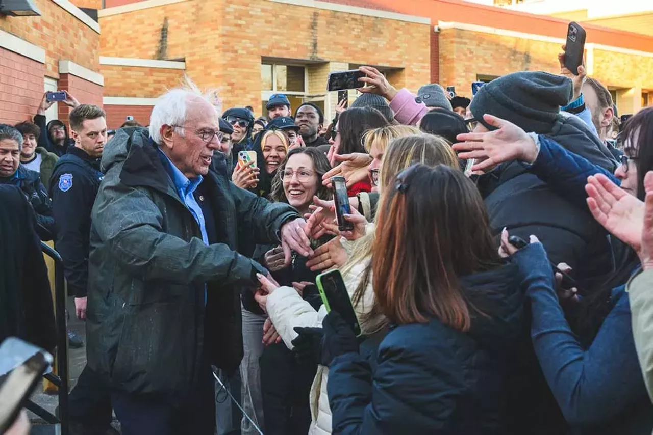 Sen. Bernie Sanders addresses supporters outside Lincoln High School in Warren.