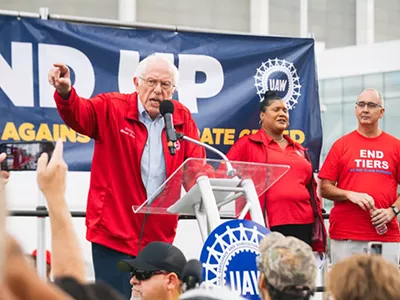 U.S. Senator Bernie Sanders speaks to striking auto workers in Detroit in 2023.