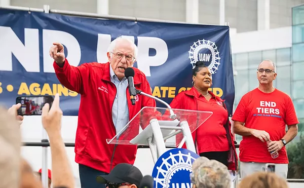 U.S. Senator Bernie Sanders speaks to striking auto workers in Detroit in 2023.