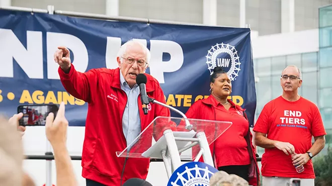 U.S. Senator Bernie Sanders speaks to striking auto workers in Detroit in 2023.