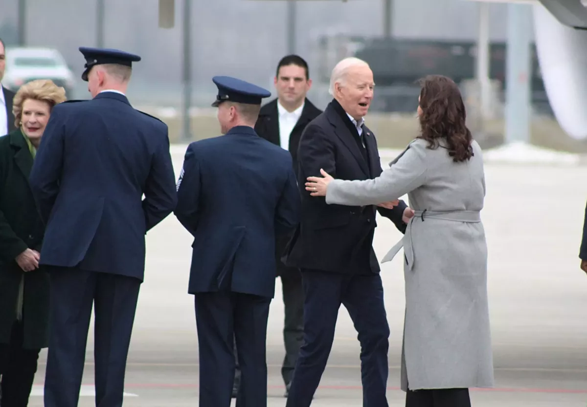 Image: President Joe Biden is greeted by Governor of Michigan Gretchen Whitmer at Selfridge Air National Guard Base in Metro Detroit on Feb. 1, 2024.