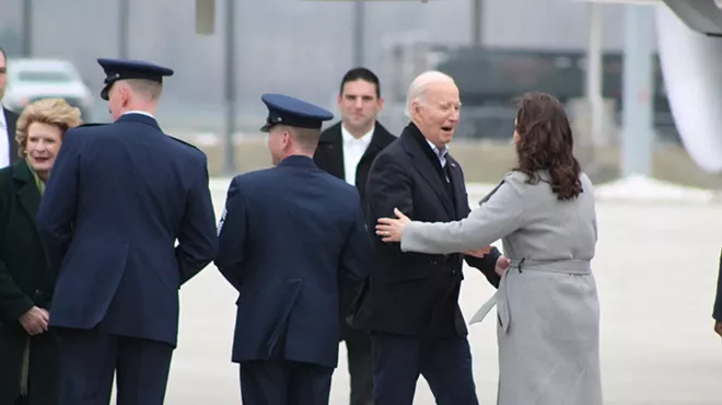 President Joe Biden is greeted by Governor of Michigan Gretchen Whitmer at Selfridge Air National Guard Base in Metro Detroit on Feb. 1, 2024.