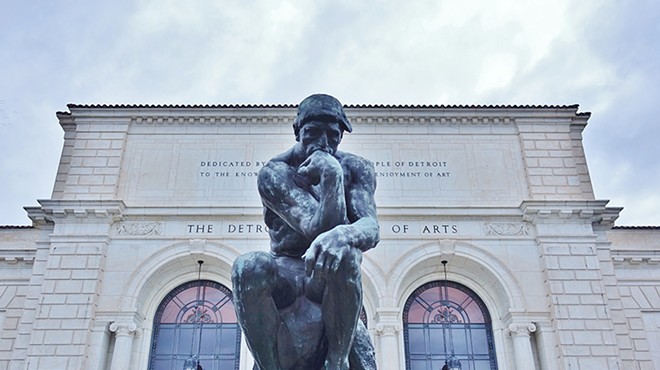 "The Thinker" sculpture by Auguste Rodin ponders outside the Detroit Institute of Arts.