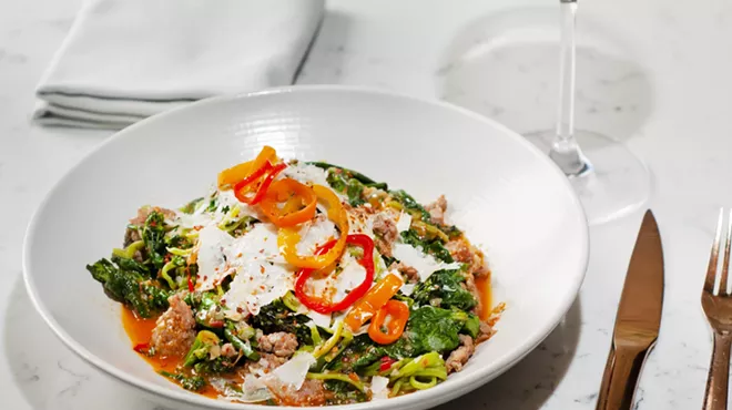 Tagliolini with Calabrian sausage, rapini, pecorino, Fisheye Farms spinach, and pickled pepper.