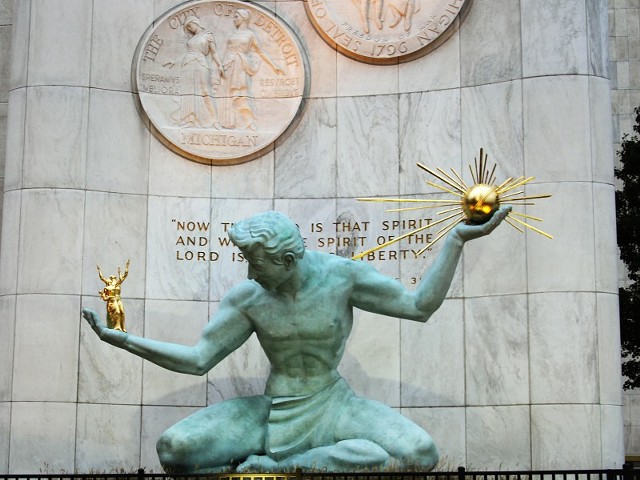 The Spirit of Detroit statute outside of city hall and Wayne County Circuit Court.