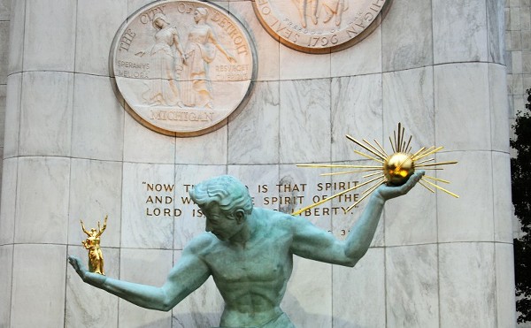The Spirit of Detroit statute outside of city hall and Wayne County Circuit Court.