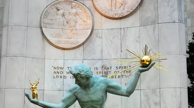 The Spirit of Detroit statute outside of city hall and Wayne County Circuit Court.