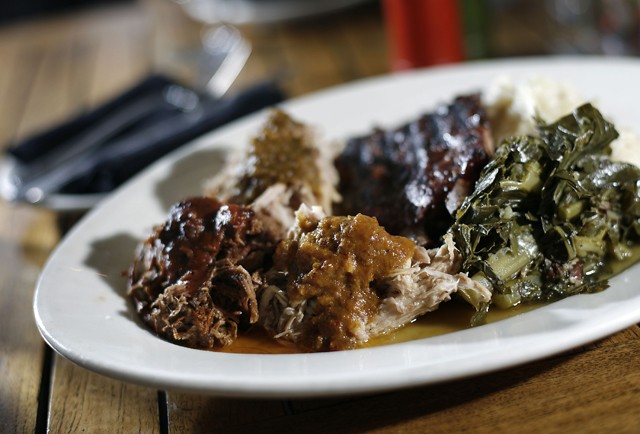 Chef Alex's &quot;Bearded BBQ Plate,&quot; with Memphis-style ribs, barbecued beef, South Carolina pulled pork, pit-smoked chicken, with mashed local potatoes and bacon-braised greens from Zingerman's Roadhouse in Ann Arbor.