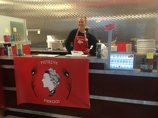 Erica Pietrzyk at the counter of Pietrzyk Pierogi.