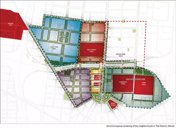 A map laying out the proposed 45-acre district in downtown Detroit anchored by a new Detroit Red Wings arena. - Courtesy of Olympia Development of Michigan