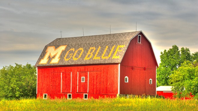 A barn with "M Go Blue" on the roof.