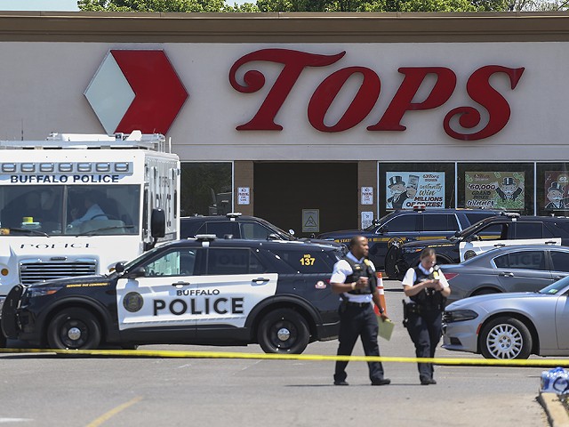 Police outside the Tops grocery store in Buffalo, New York, where a mass shooting occurred on Saturday.