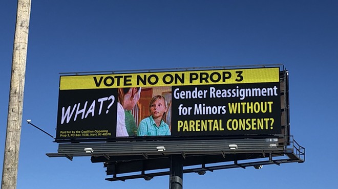 A billboard on Eight Mile Road claims Proposal 3 allows for "Sterilization surgery for minors without parental consent."