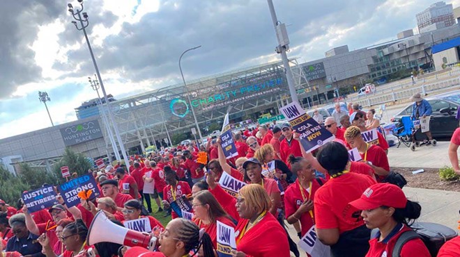 UAW workers at a Detroit rally with Sen. Bernie Sanders, Sept. 15, 2023.